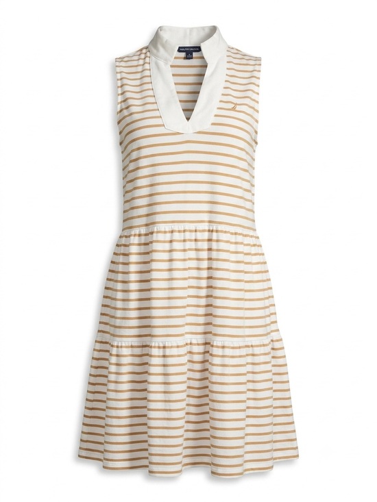 Nautica Dresses & Skirts - Nautica Jeans Cream and Tan Striped Sleeveless V-Neck Tiered Dress Size M